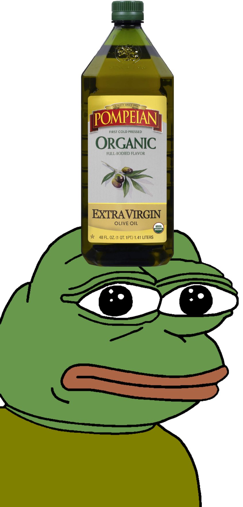 pepe olive oil bottle on head
