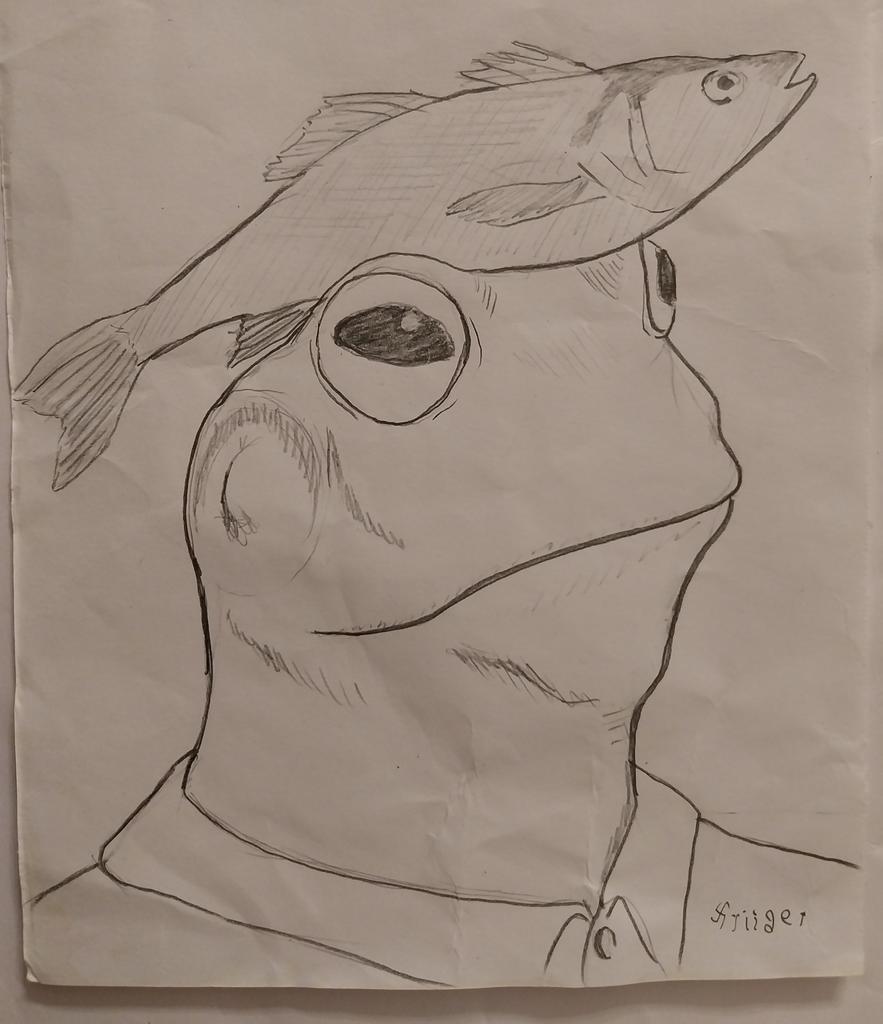 pepe frog bass fish on head drawn pencil sketch