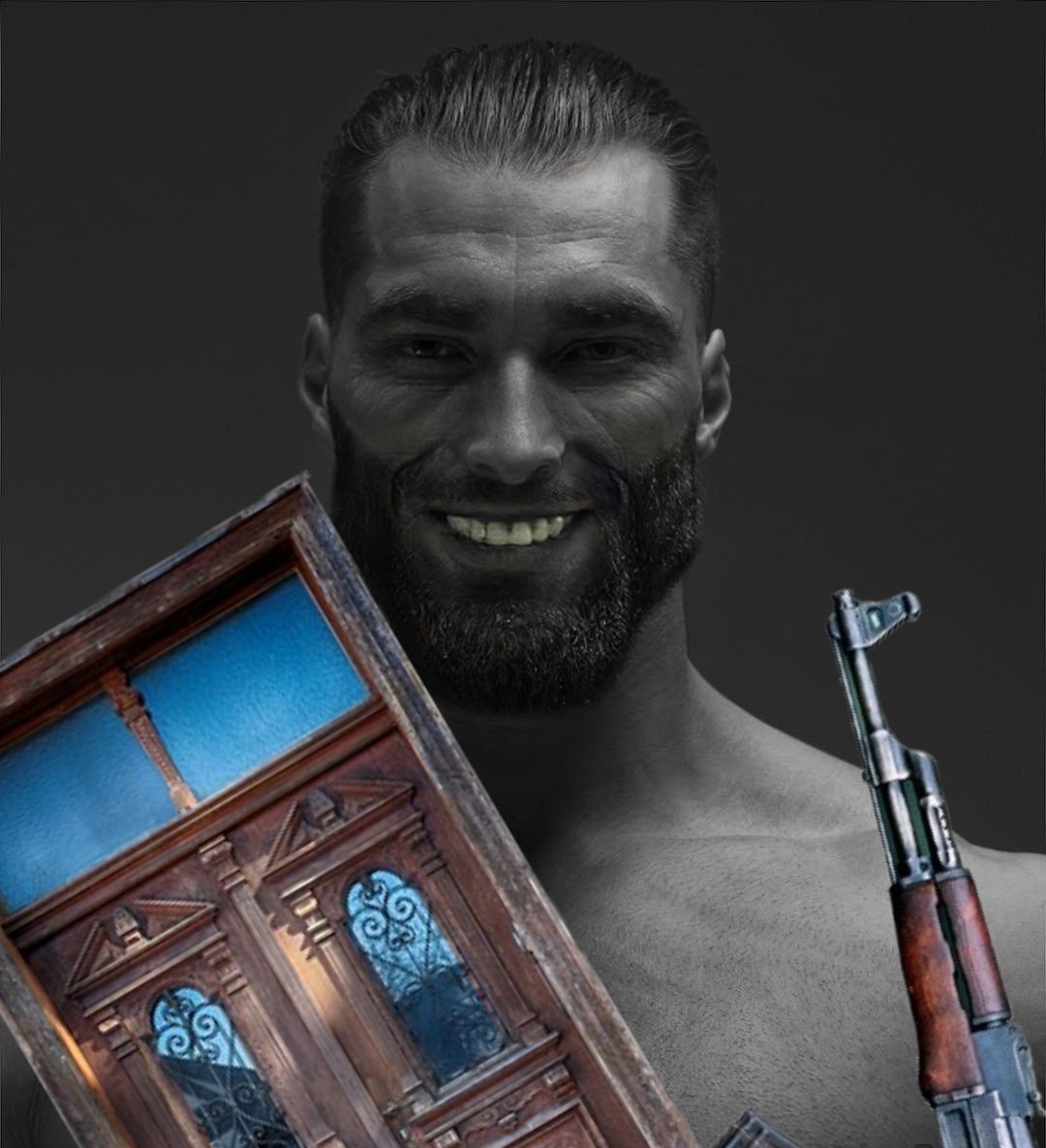 gigachad smiling oak door AK-47 rifle