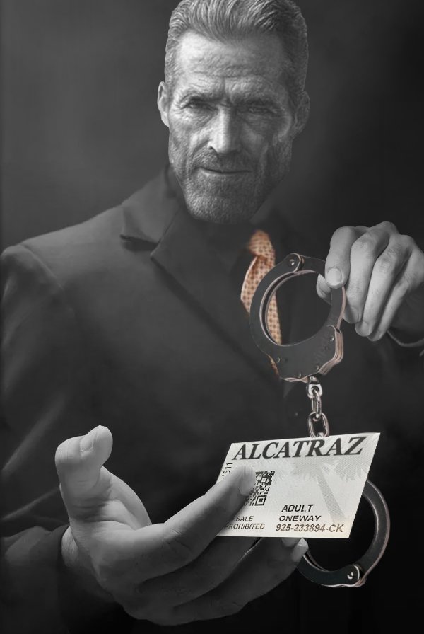 old gigachad handcuffs alcatraz ticket