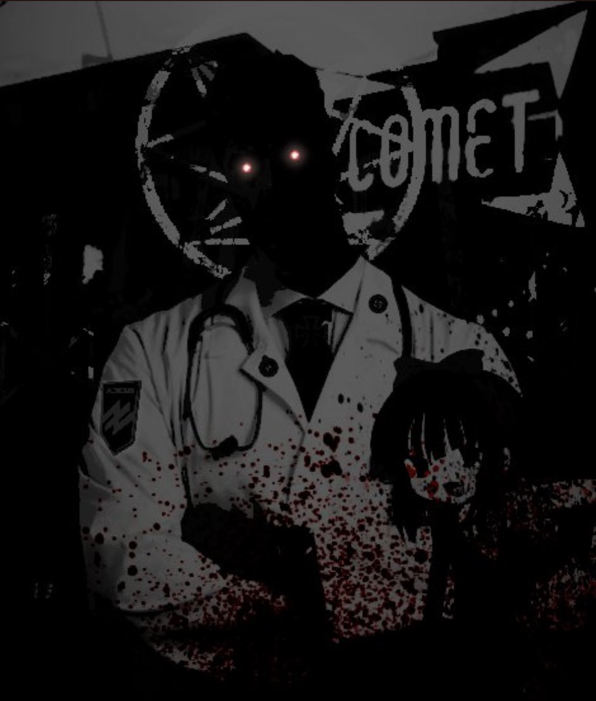 creepy bloody doctor gigachad glowing eyes