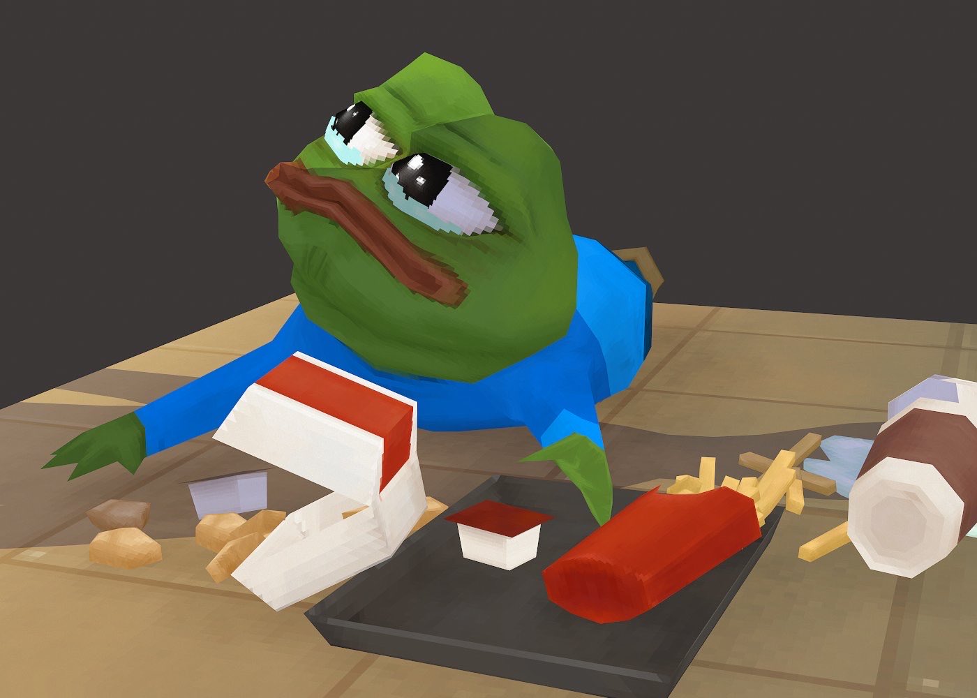 3d low poly render apu sad spilled mcdonalds