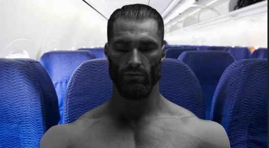 gigachad airplane seat calm sleeping eyes closed