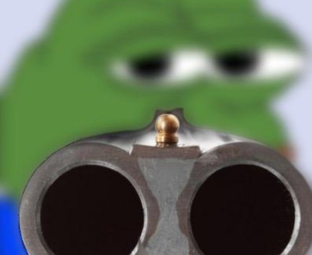 pepe pointing shotgun point blank