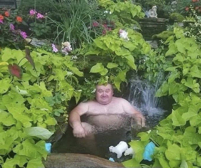 fat man pond relax unbothered moisturizing
