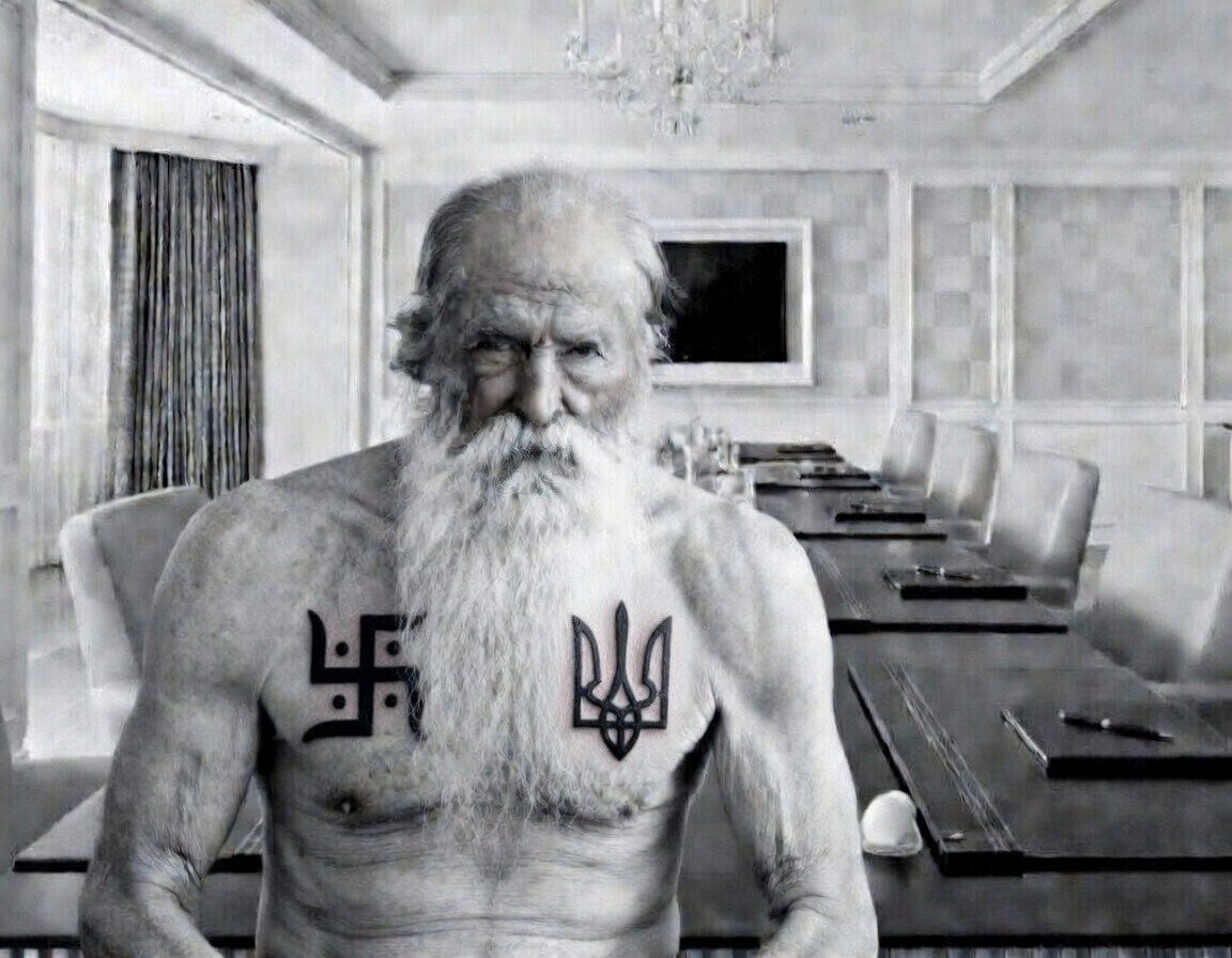 ancient gigachad swastika trident bare chest