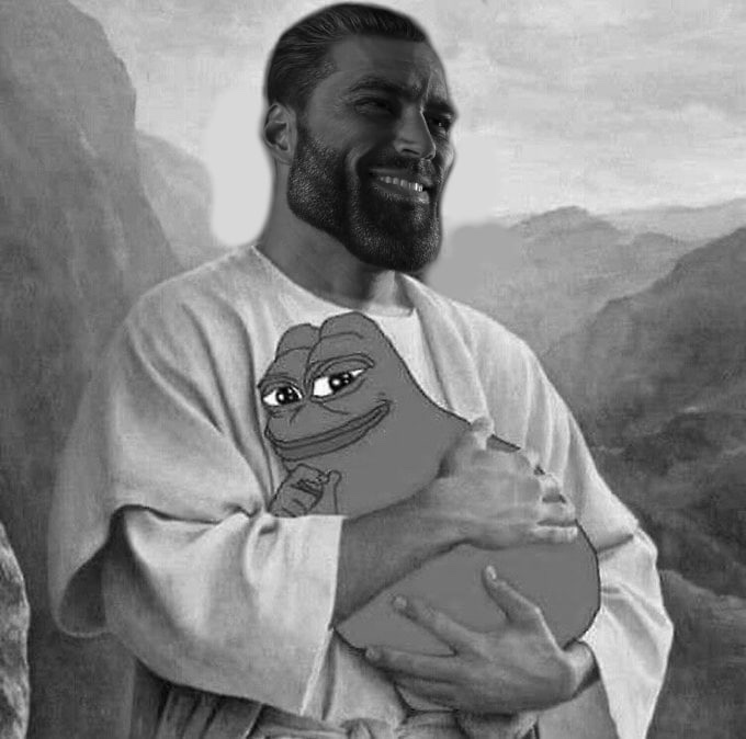 Gigachad Jesus holding Pepe