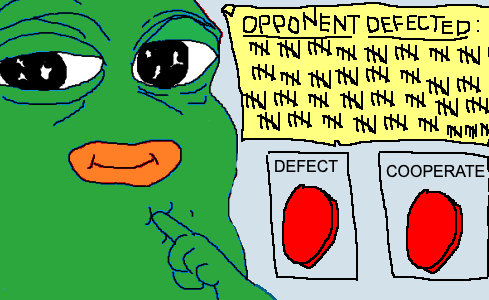 pepe thinking defect cooperate buttons prisoners dilemma