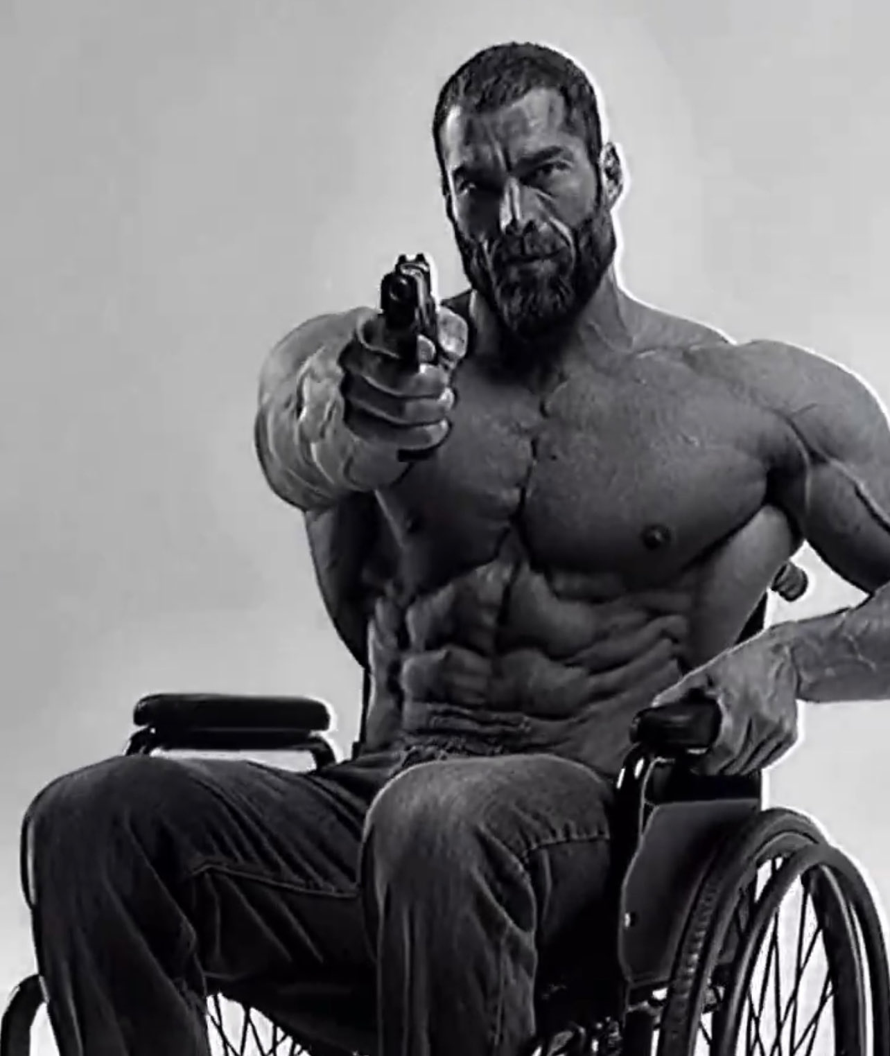 gigachad wheelchair pointing gun pistol