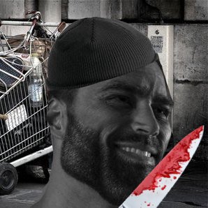 homeless gigachad beanie bloody knife