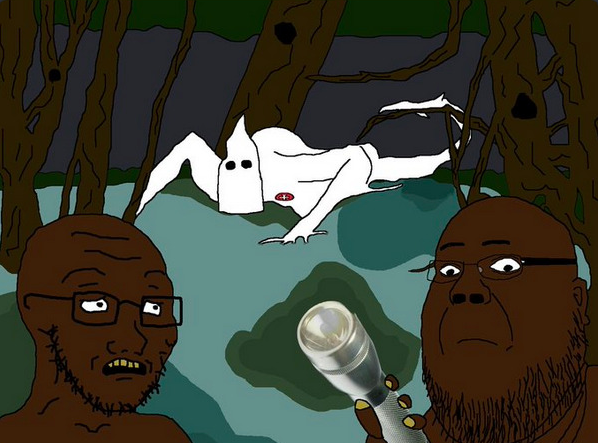 horror woods night creature kkk brown soyjaks flashlight
