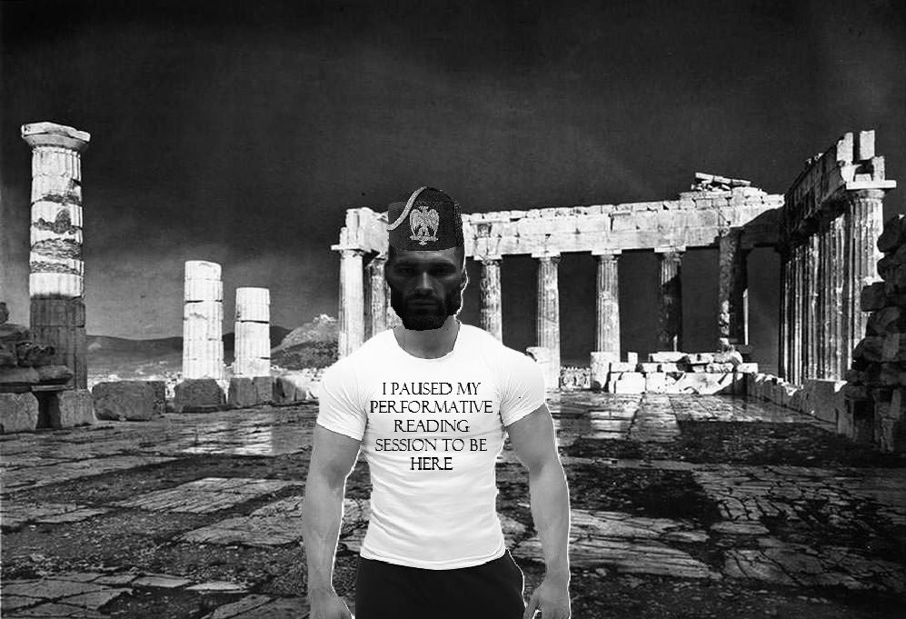 gigachad italian fascist fez ruins paused performative reading
