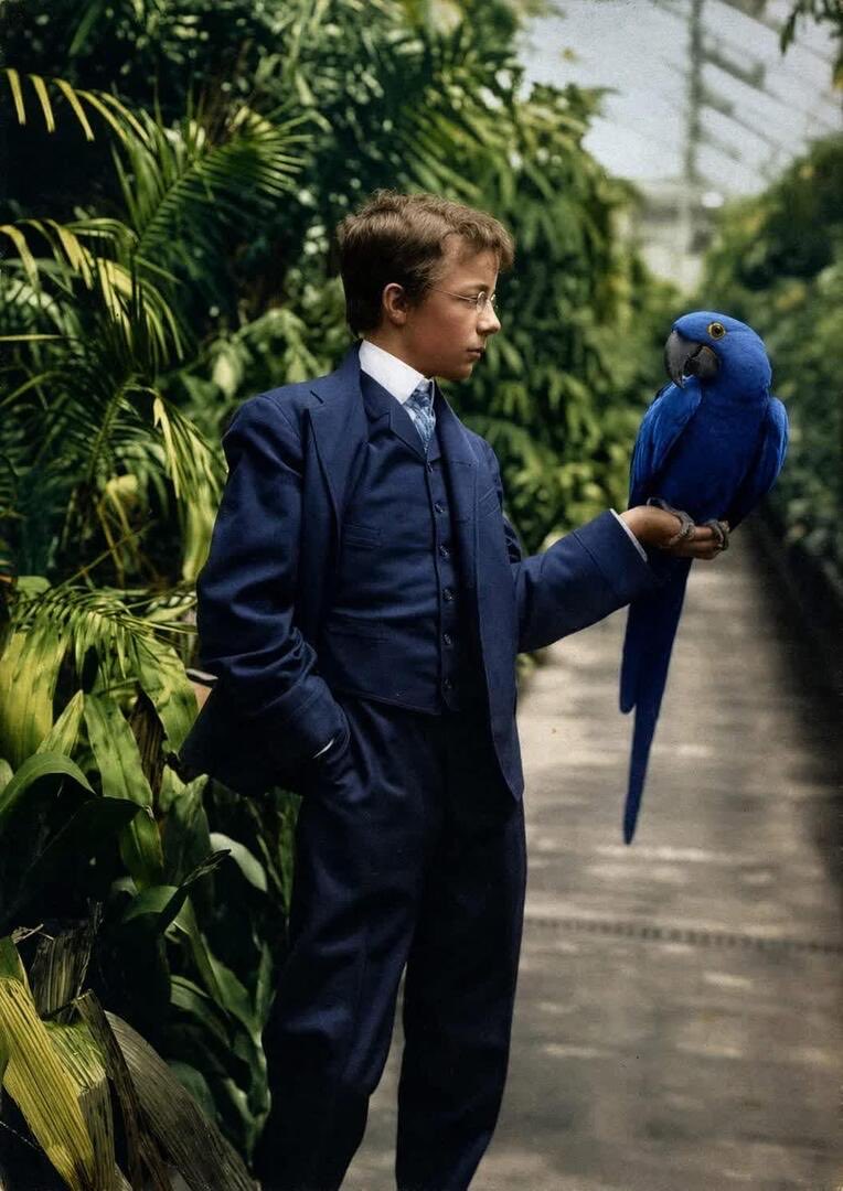 young theodore roosevelt blue suit aristocratic classy macaw parrot