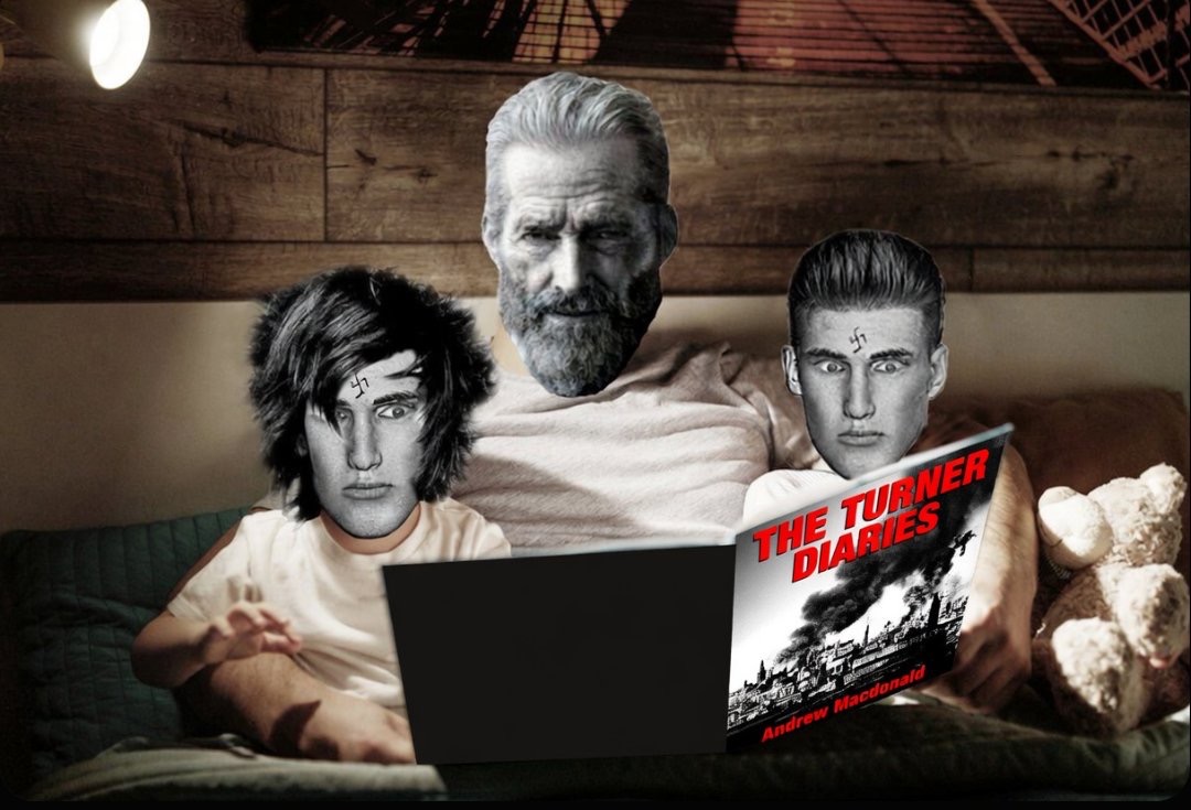Old young gigachad family reading Turner Diaries bedtime story