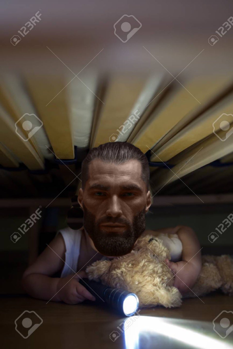 gigachad crying under bed flashlight scared teddy bear